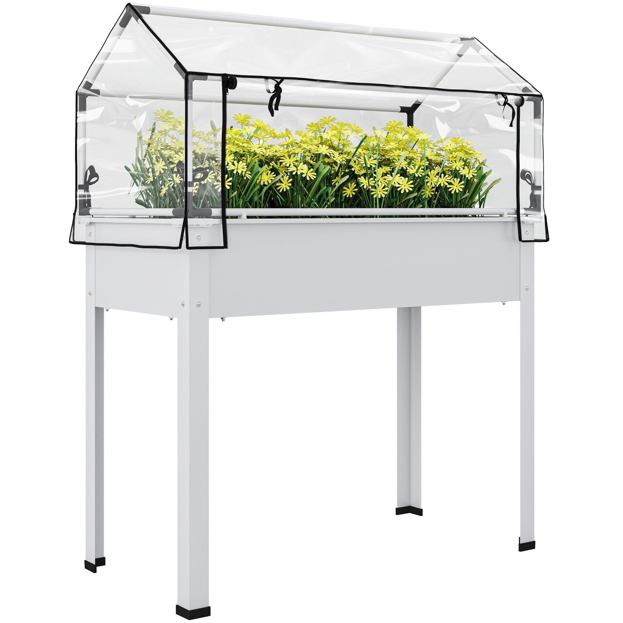 White Elevated Garden Box with Greenhouse Cover & Drainage Hole